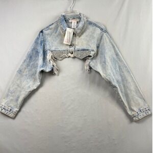 Hot & Delicious Denim Jacket Womens L Acid Wash Rhinestone Extreme Crop Grunge
